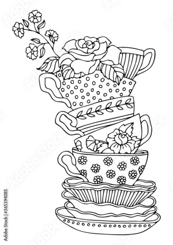 Tea time hand drawn tea cups with flowers sketch for anti