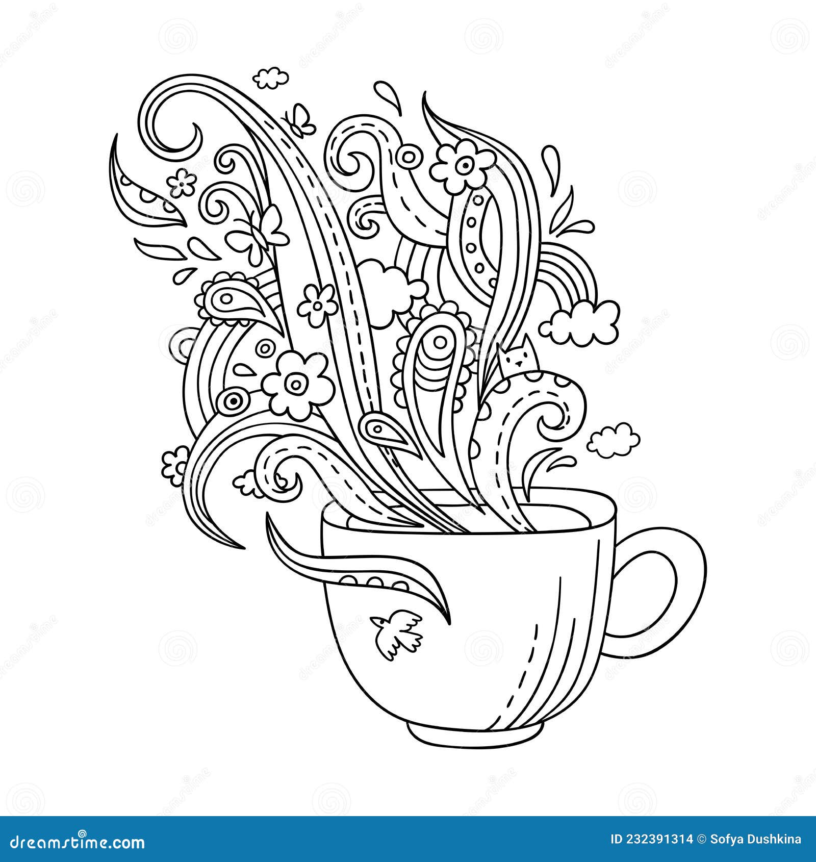 Line art cup of tea or coffee vector adult coloring page a cup and ornate steam in doodle style stock vector