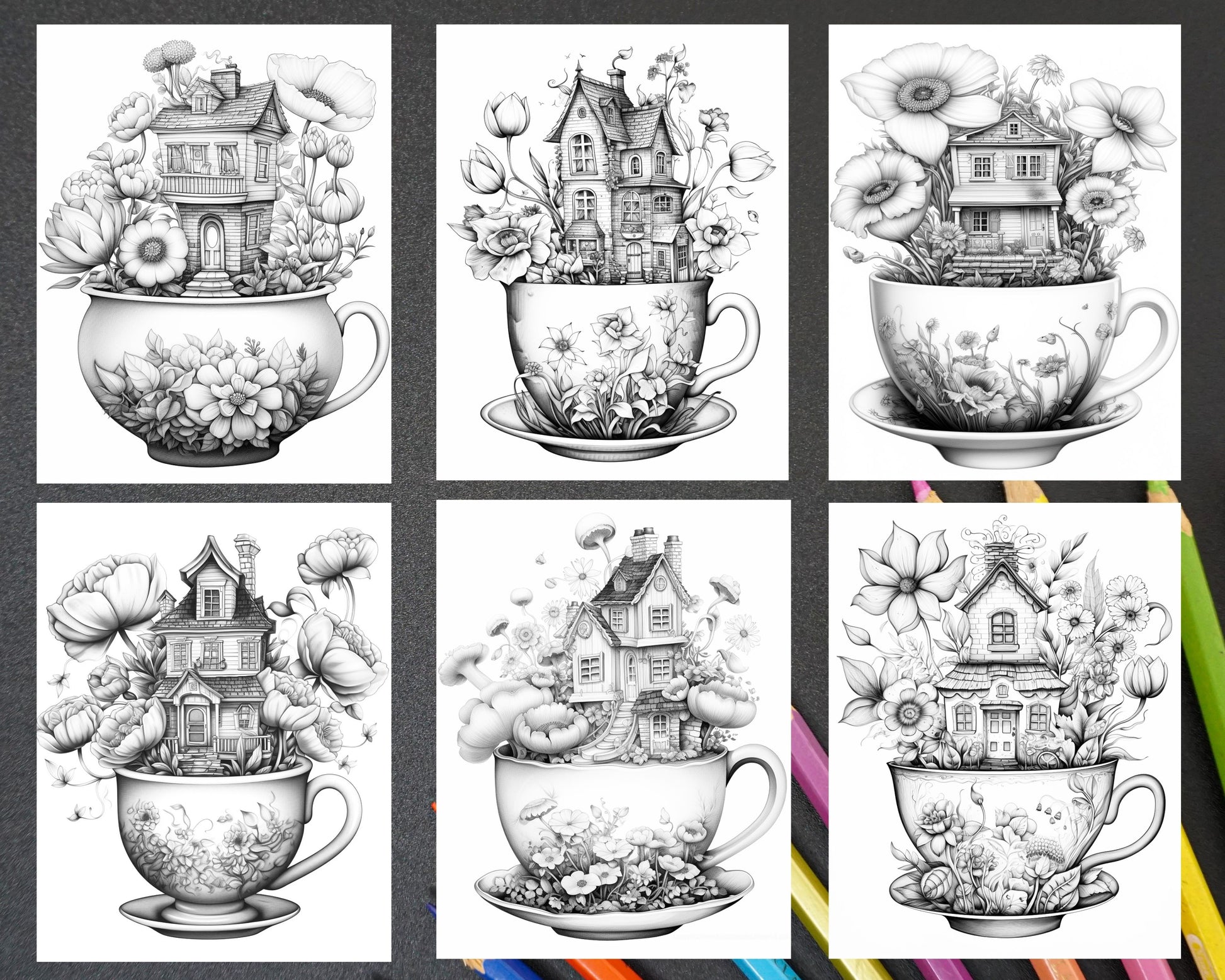 Flower teacup fairy houses grayscale coloring pages printable for a â coloring