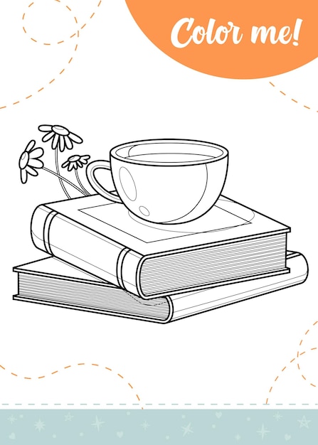 Premium vector coloring page for kids with books and cup of tea