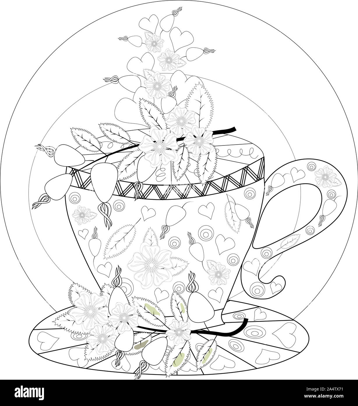 Hand draw coloring book for adult teatime cups of tea fruits and flowers stock photo