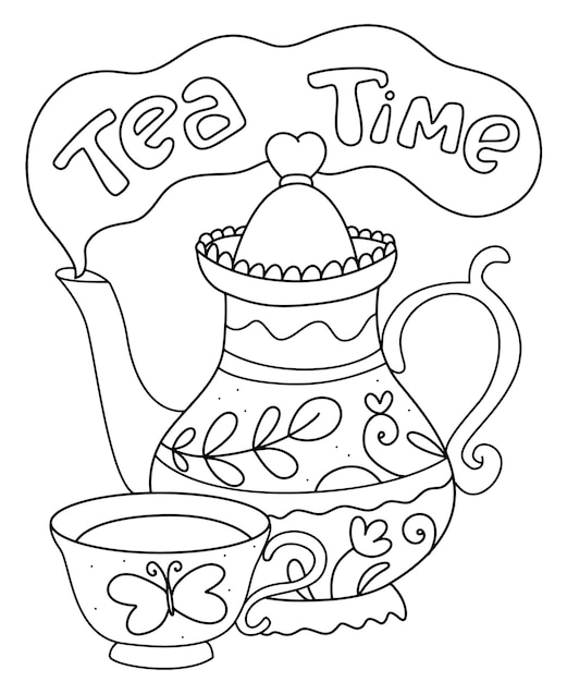 Premium vector tea time coloring page doodle kettle cup tea