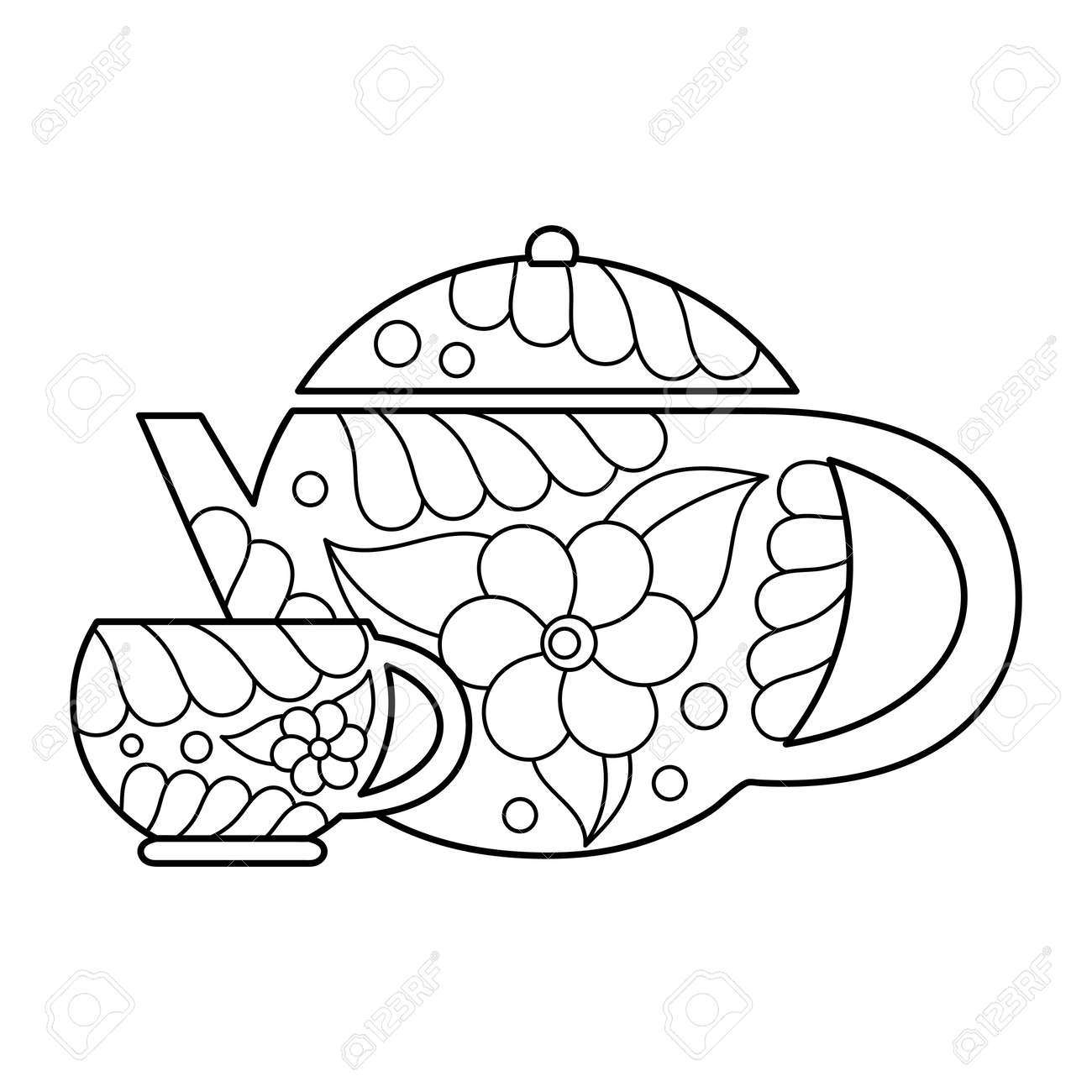 Coloring book for kids tea time vector sketch teapot decorated with flowers and leaves hand drawn illustration for coloring pages royalty free svg cliparts vectors and stock illustration image