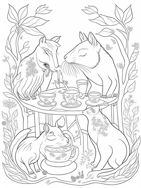 Premium vector magical whimsical tea party printable coloring page for kids