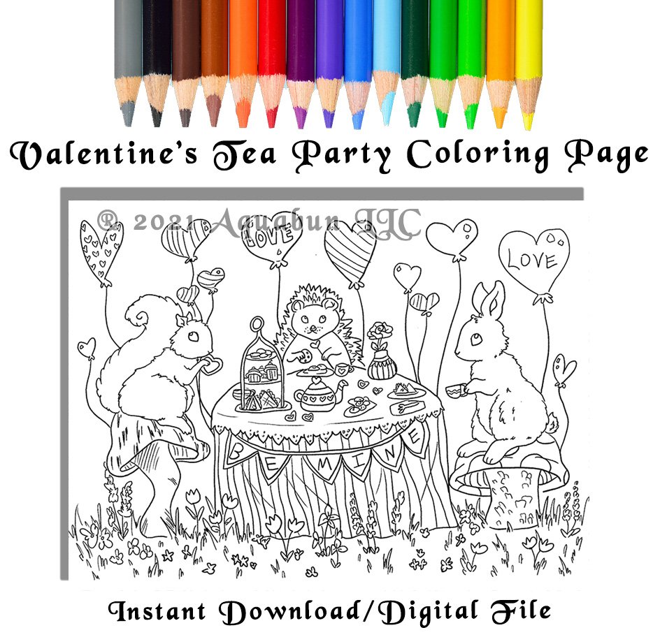 Valentines tea party coloring page â