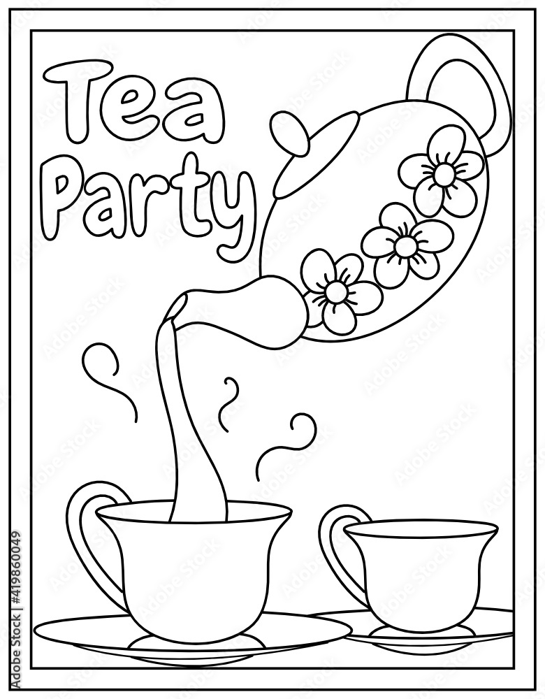 A tea party utensils in colouring page line vector vector