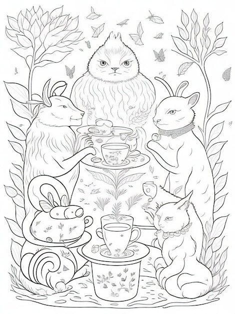 Premium vector unforgettable whimsical tea party interactive coloring sheet