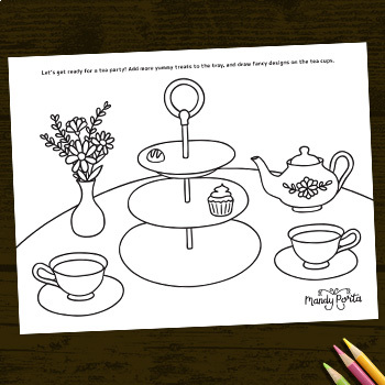 Tea party spring drawing activity doodle coloring sheet printable