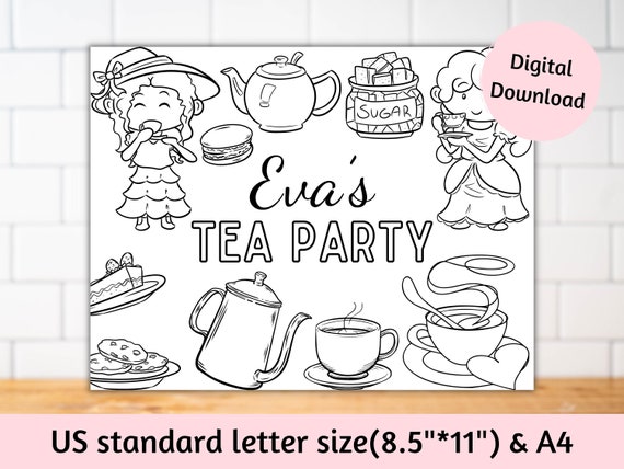 Personalized tea party coloring page for kids tea party favors tea party activity sheet printable games tea party placemats for kids