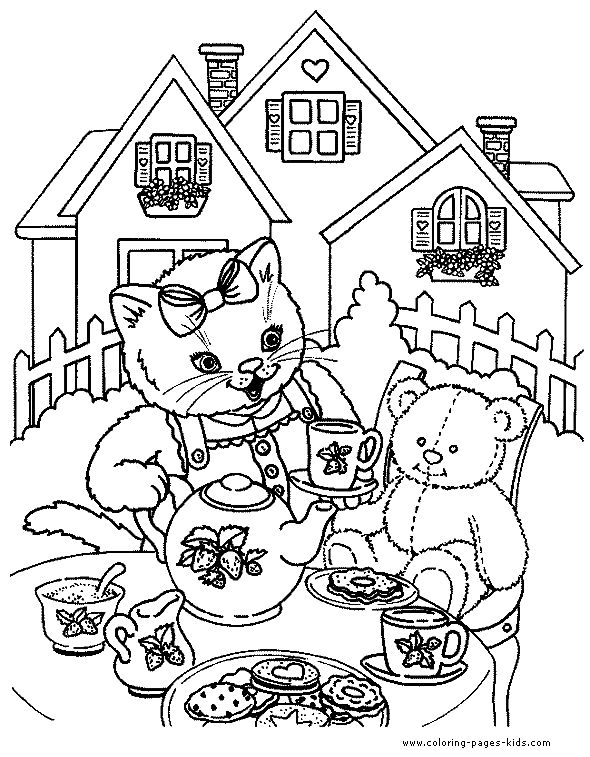 Cat teaparty color page free printable coloring sheets for kids kleurplaten kleurboek dieren kleurplaten