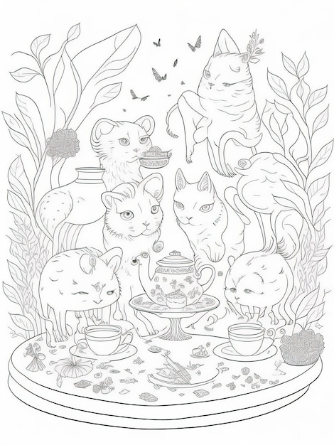 Premium vector unforgettable whimsy interactive tea party coloring sheet