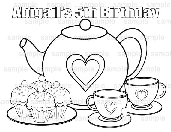 Tea party birthday party favor coloring page gift colouring activity sheet personalized printable template