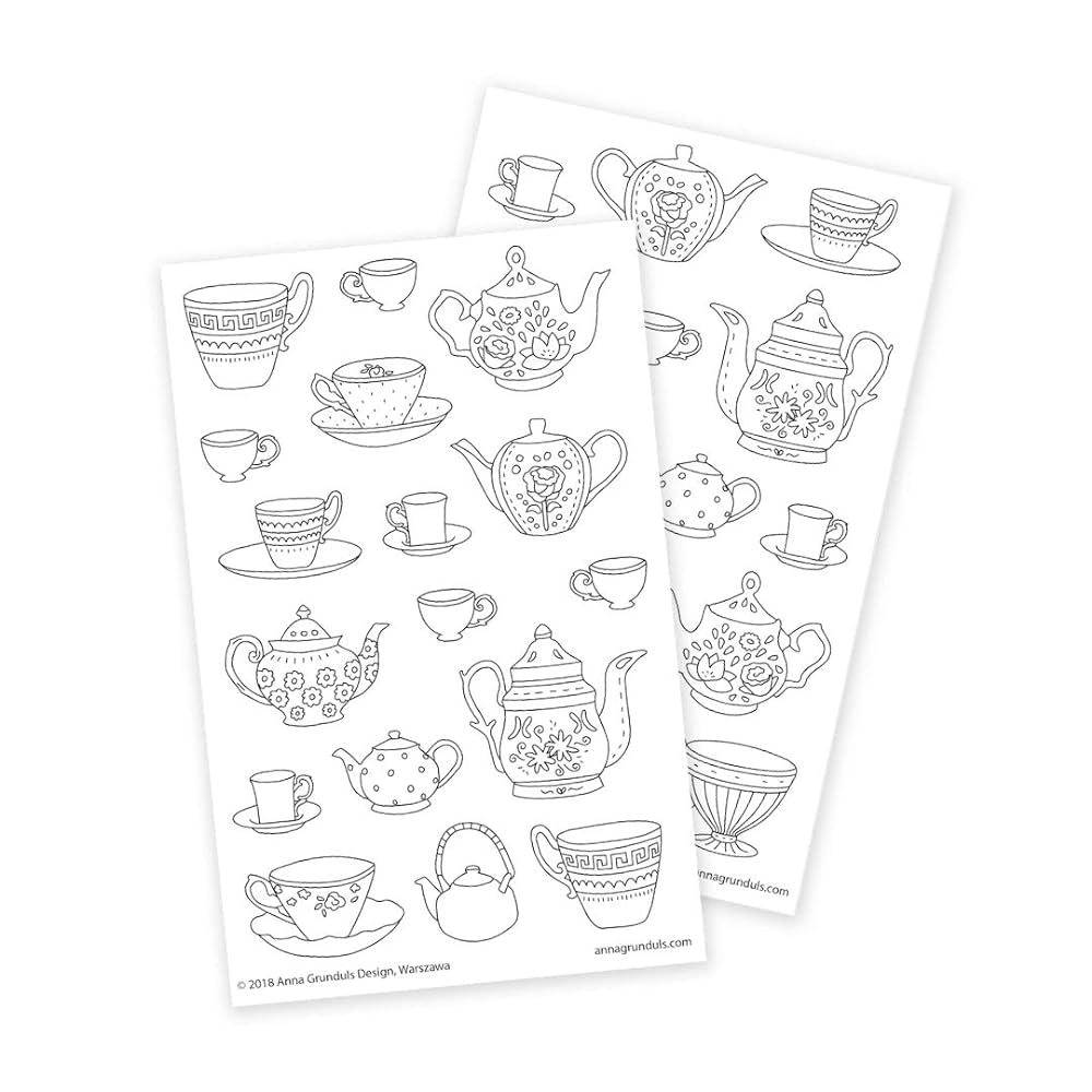 Adult coloring stickers with teapots and cups for tea party favors planners or crafting sheets toys games