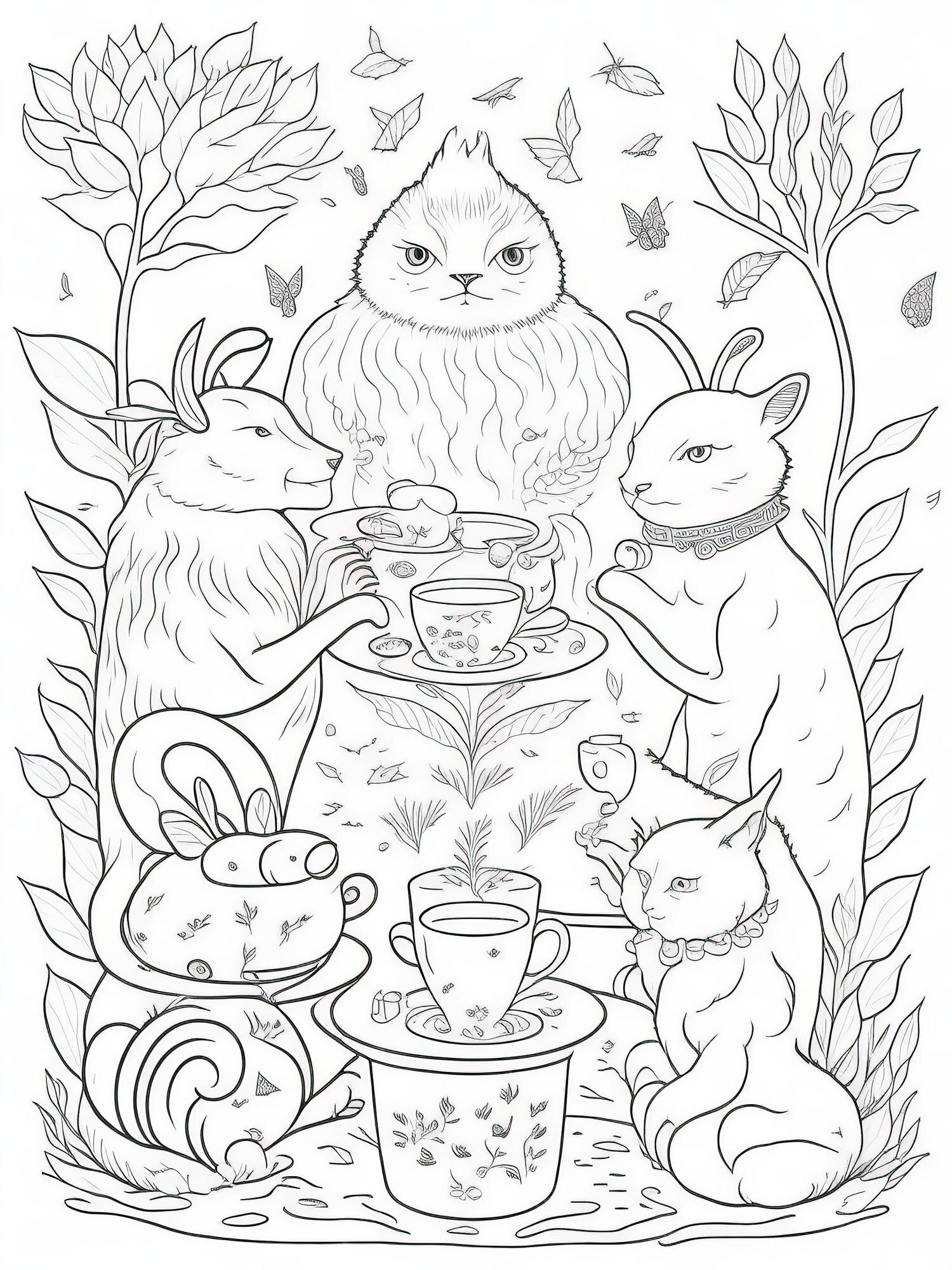 Premium vector unforgettable whimsical tea party interactive coloring sheet