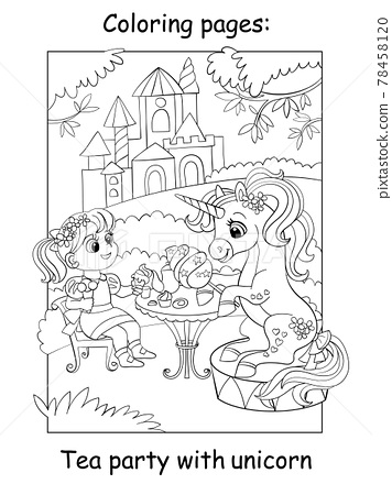 Coloring book page princess and unicorn drink