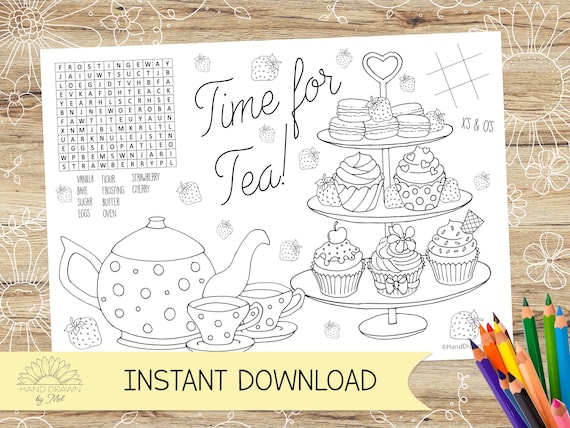 Afternoon tea activity and colouring sheetplacemat perfect for kids parties instant download a and us letter in jpeg and pdf