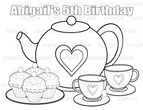 Tea party birthday party favor coloring page gift colouring activity sheet personalized printable template