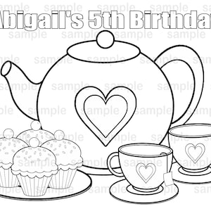 Tea party birthday party favor coloring page gift colouring activity sheet personalized printable template