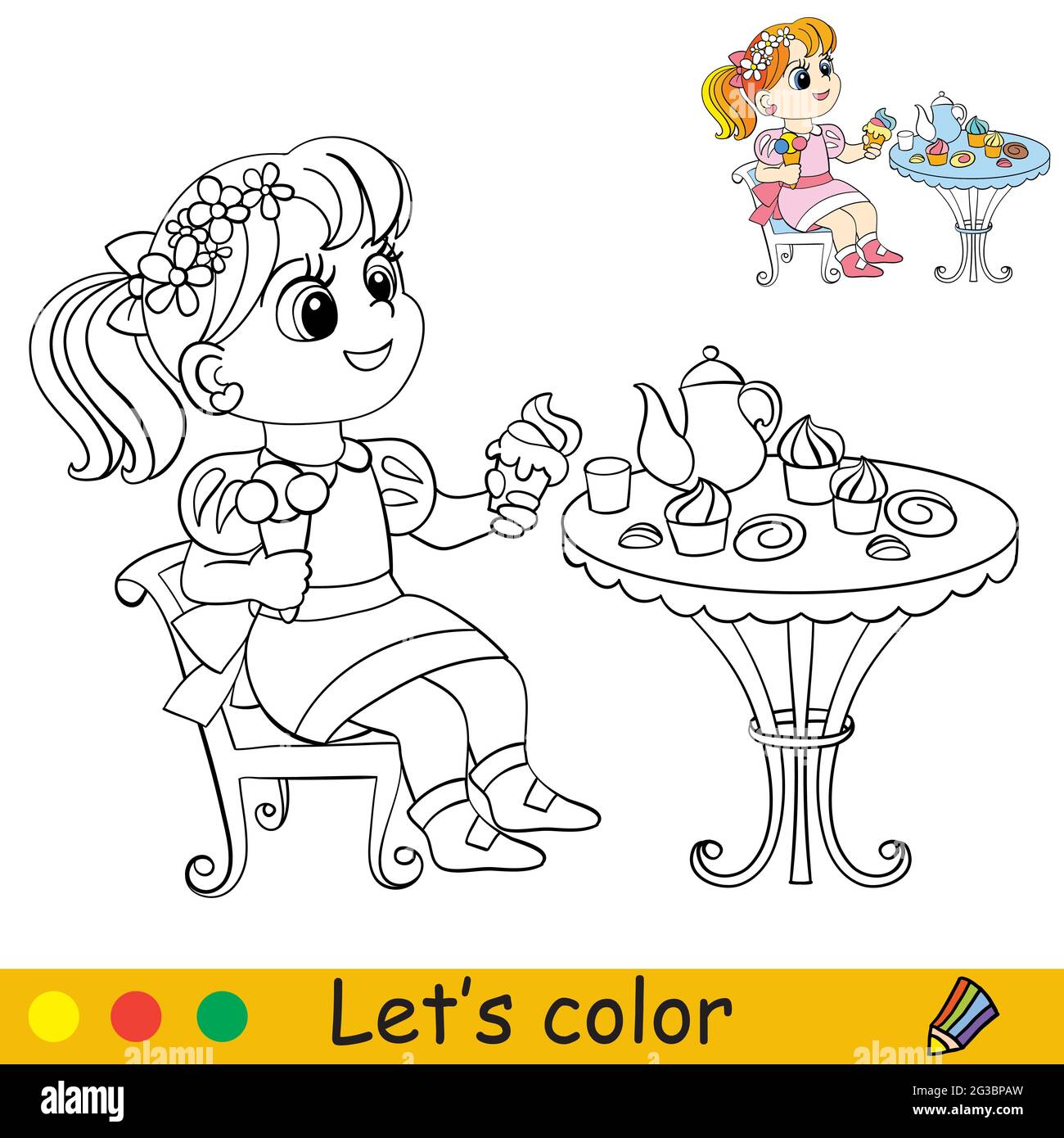 Cute little girl with ice cream sitting at the table with a tea set coloring book page with colorful template for kids vector isolated illustration stock vector image art