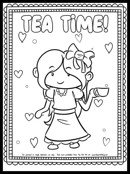 Cute tea time girl coloring page free printable â the art kit