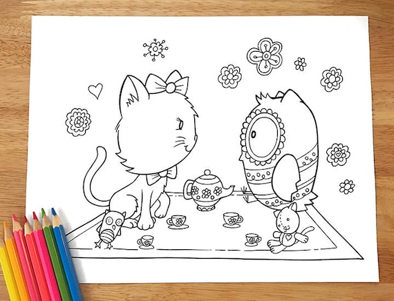 Cat and owl tea party coloring page downloadable pdf file