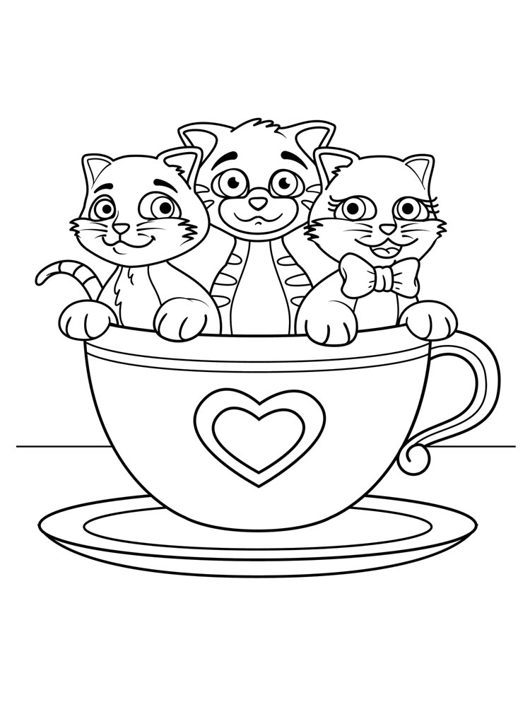 Three cats in a cup coloring page