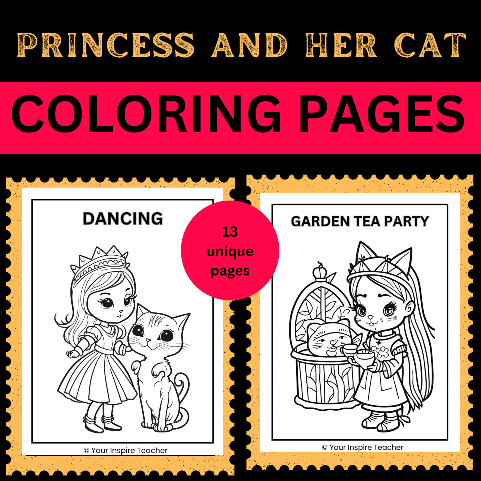 Unique princess and her cat coloring pages