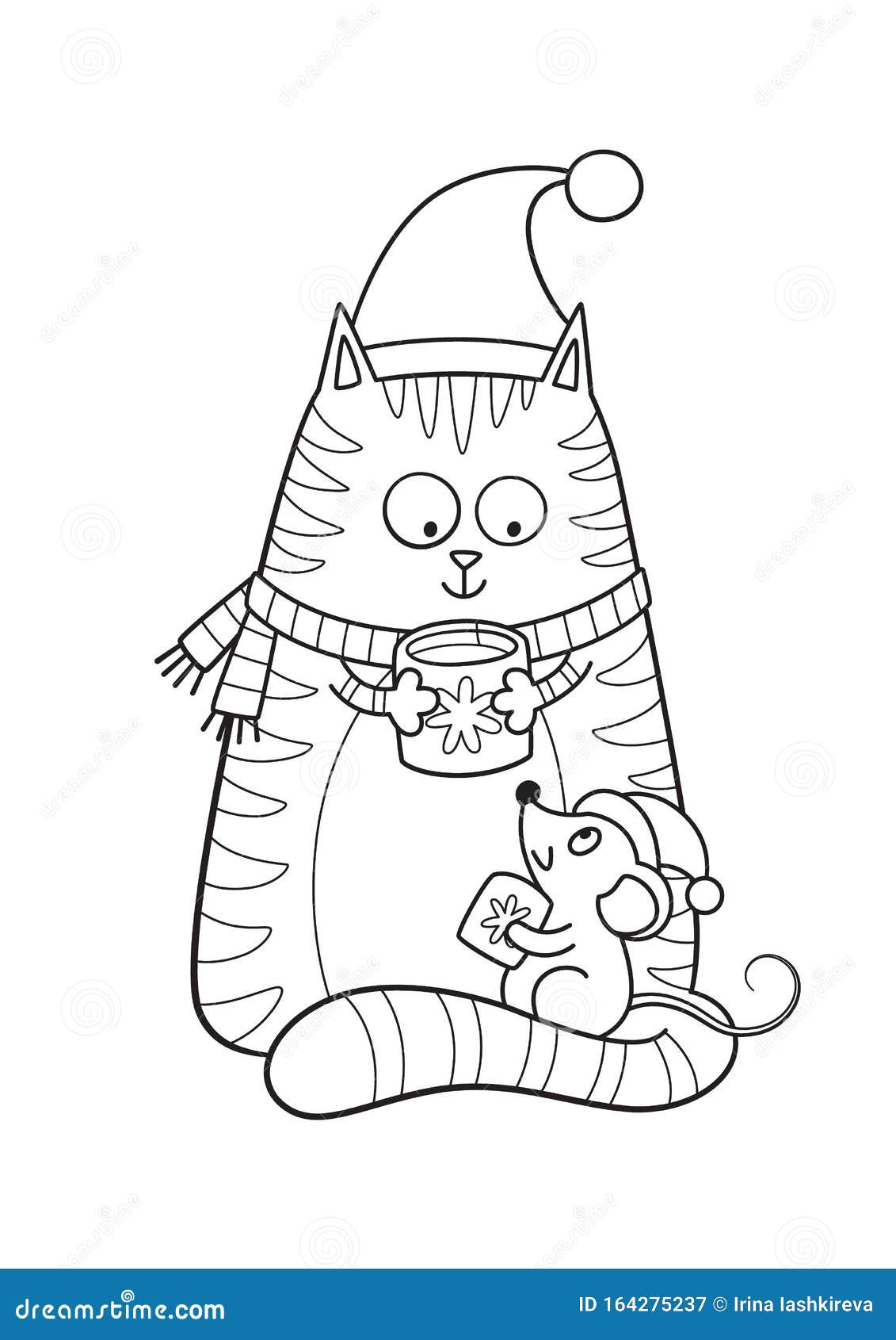 Doodle coloring book page cute cat and mouse tea party stock illustration