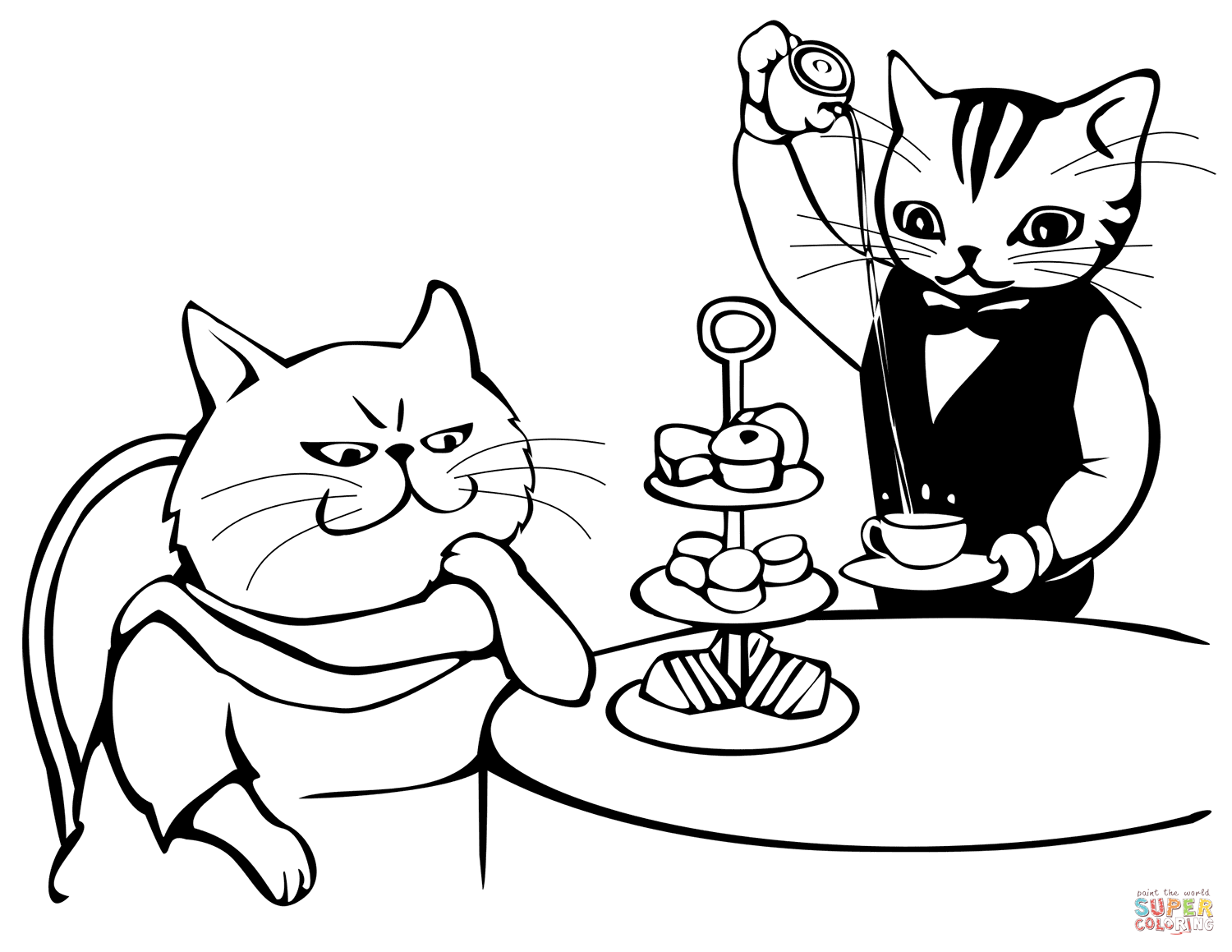 Tea time for cats coloring page free printable coloring pages