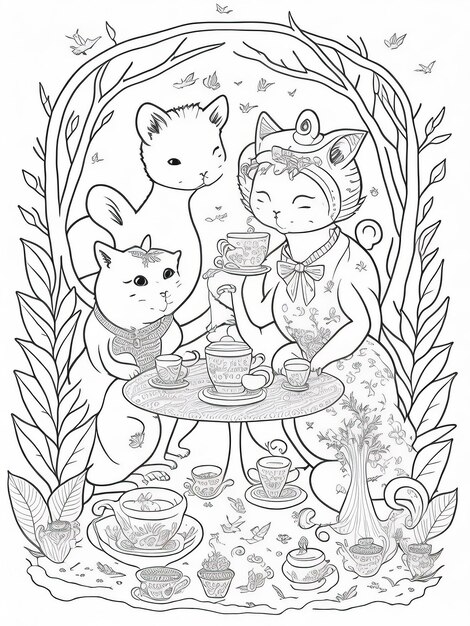 Premium vector whimsical tea party dreams coloring page filled with joy