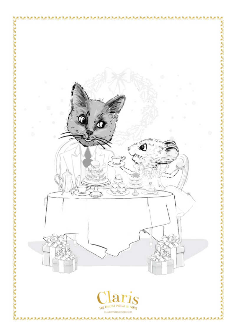 Cat and mouse tea party coloring page