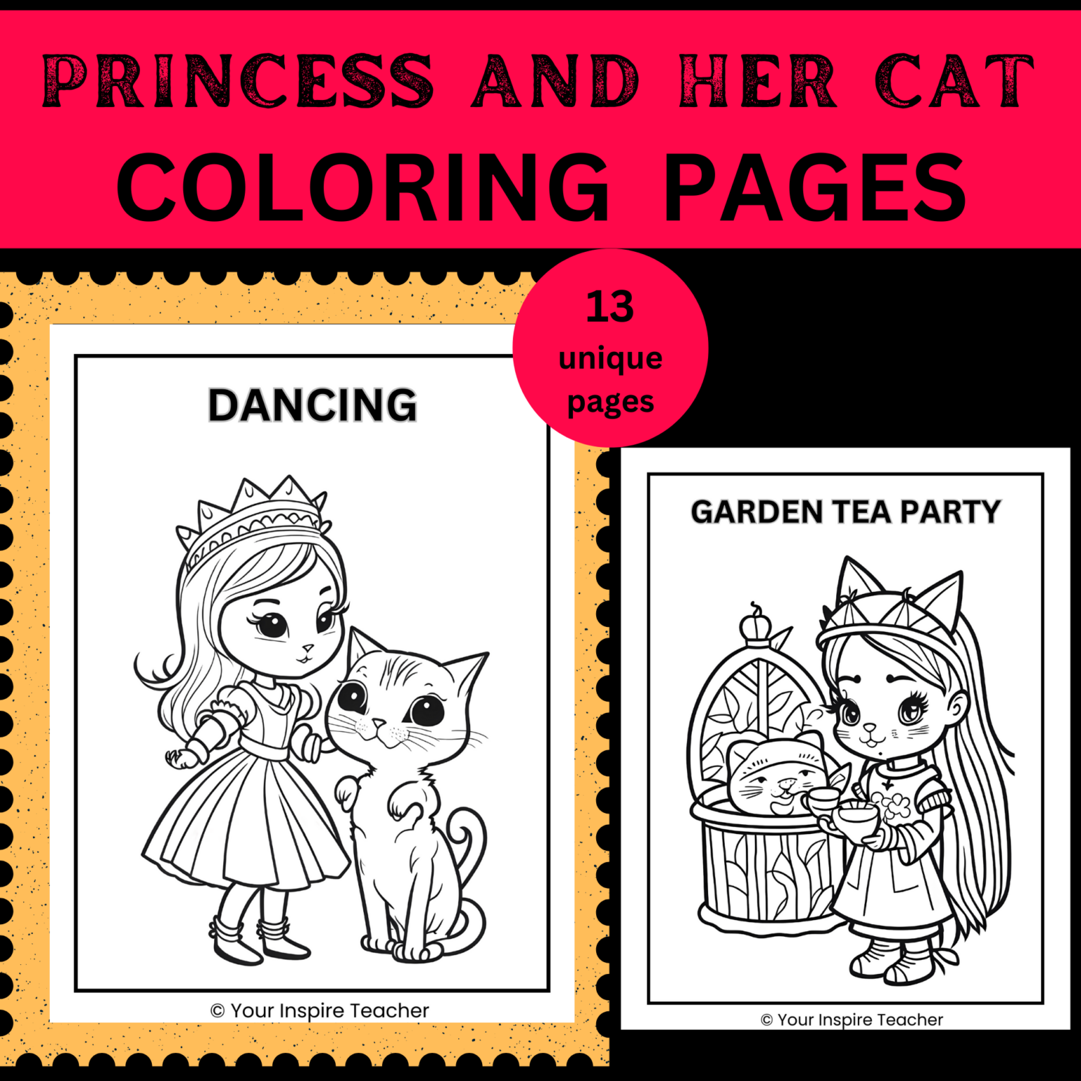 Unique princess and her cat coloring pages