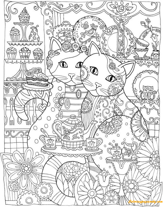 Two cat drinking tea coloring page