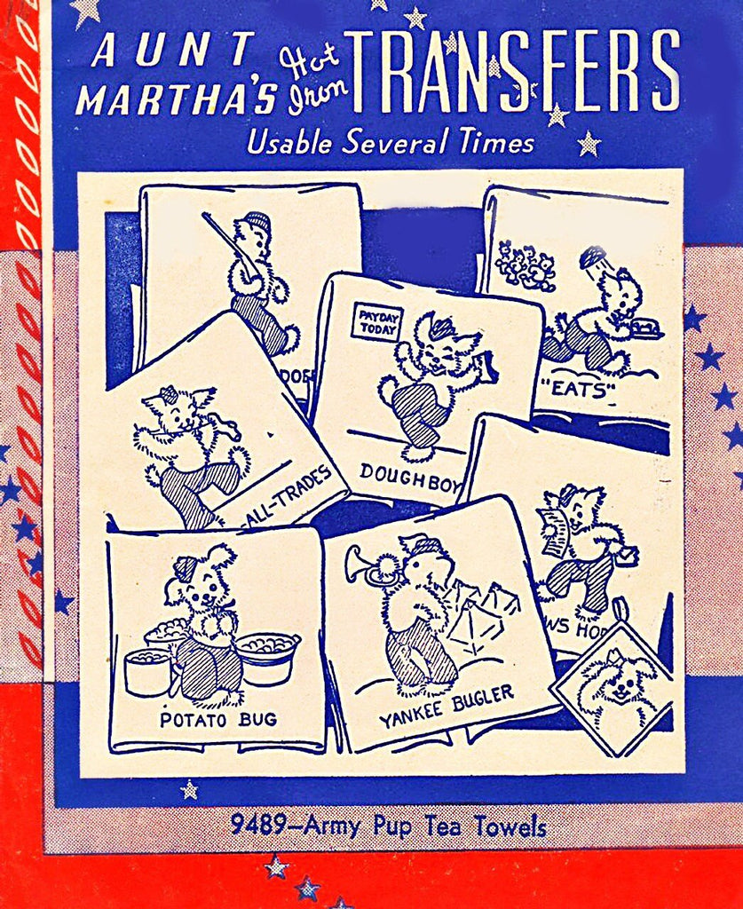 Embroidery transfer pattern aunt marthas army pup tea towel â the vintage teacup