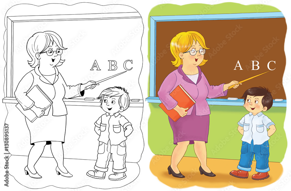 Professions coloring page a cute teacher and her student illustration for children illustration