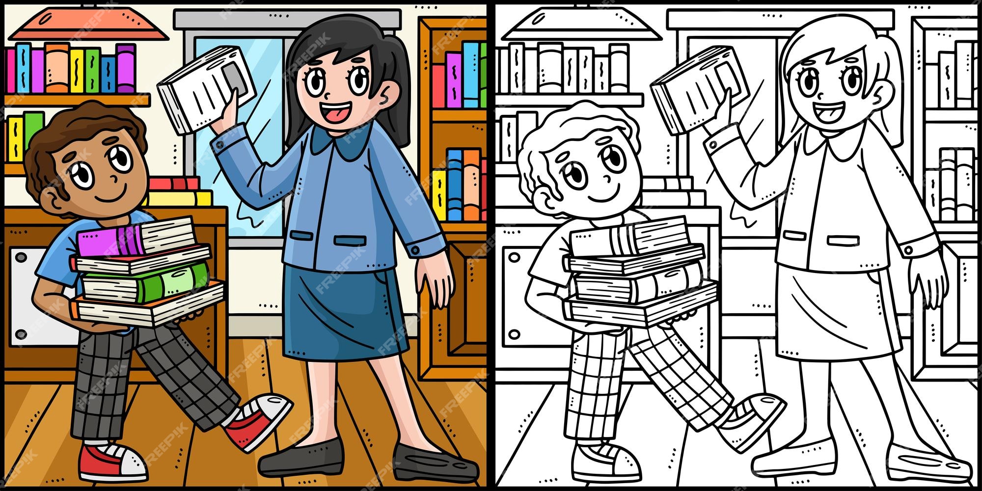 Premium vector this coloring page shows a student and teacher one side of this illustration is colored and serves as an inspiration for children