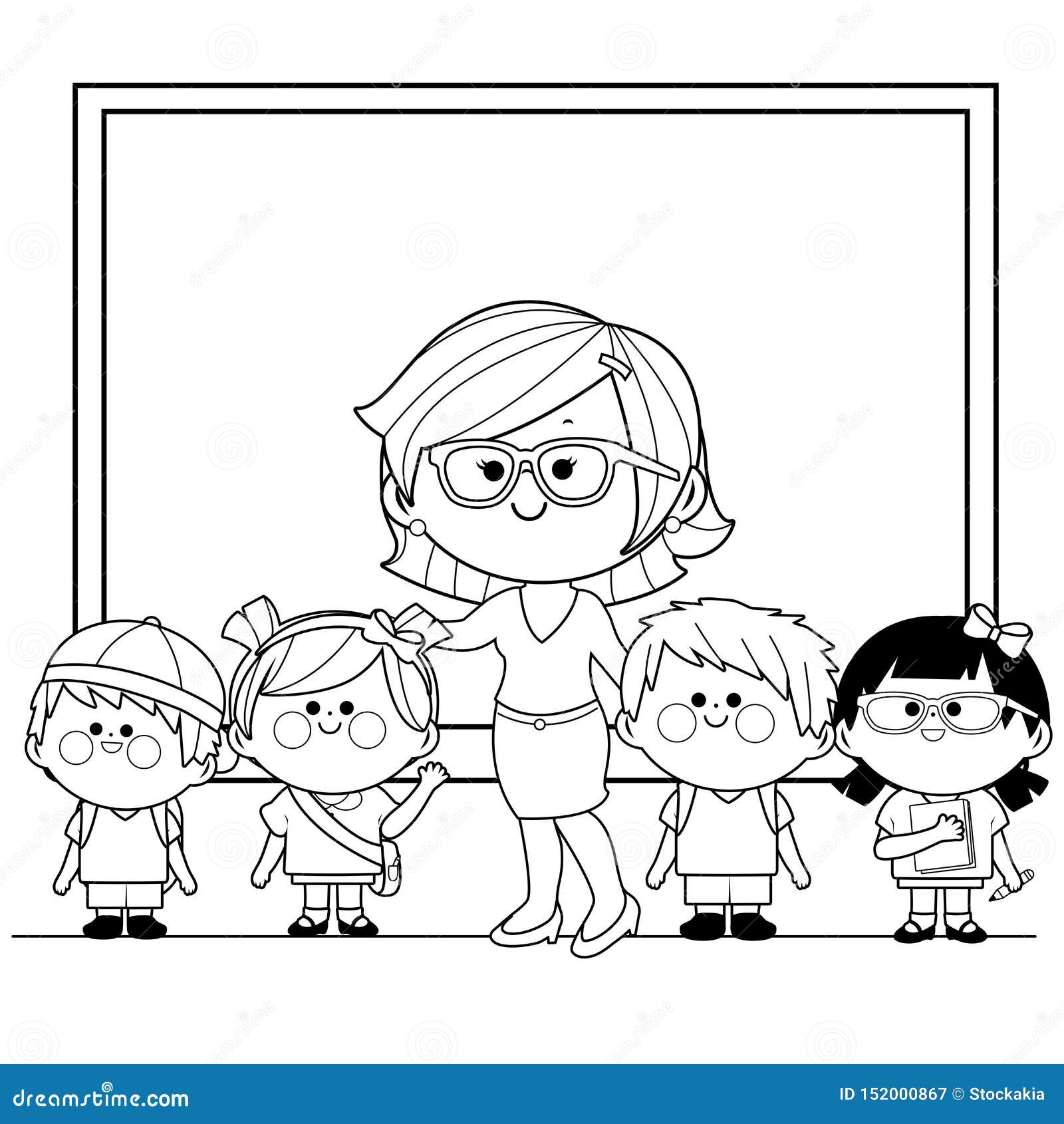 Teacher and her students in the classroom vector black and white coloring page stock vector