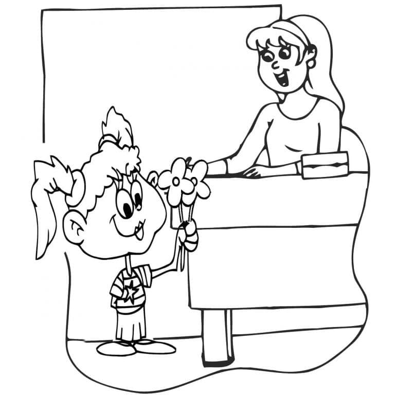 Cute teacher and student coloring page