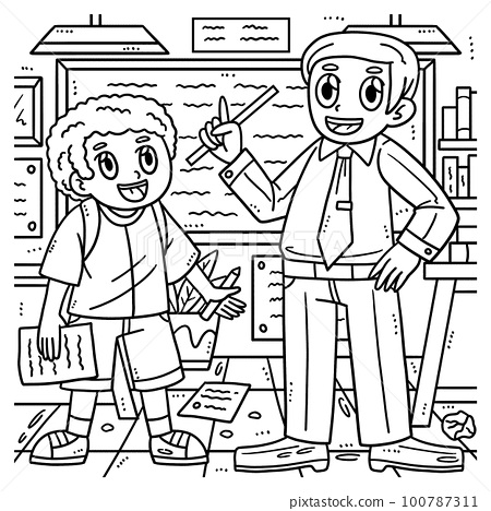 Back to school student and teacher coloring page