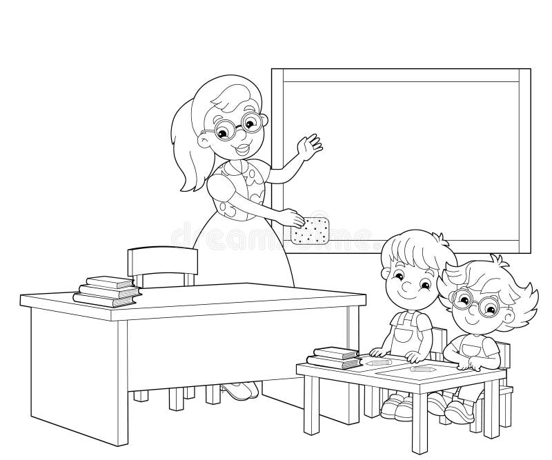 Teacher in front of the school weling students vector black and white coloring page stock vector