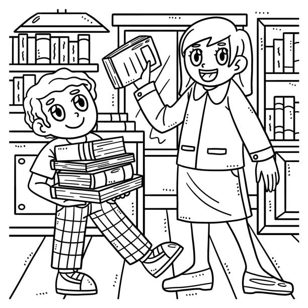 Back to school student and teacher coloring page stock illustration