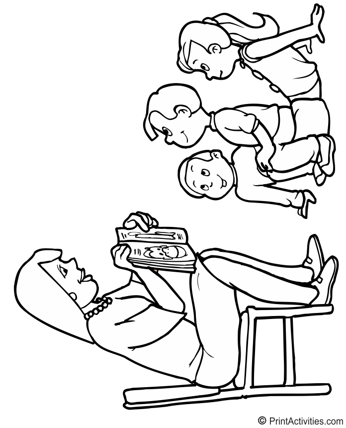 Teacher coloring page reading to young students