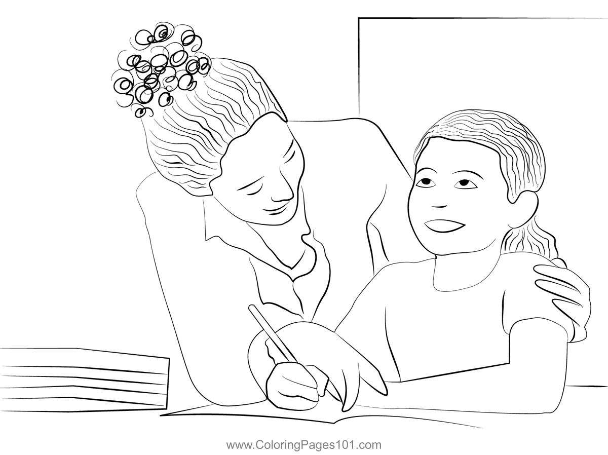 Teacher and student in classroom at school coloring page for kids