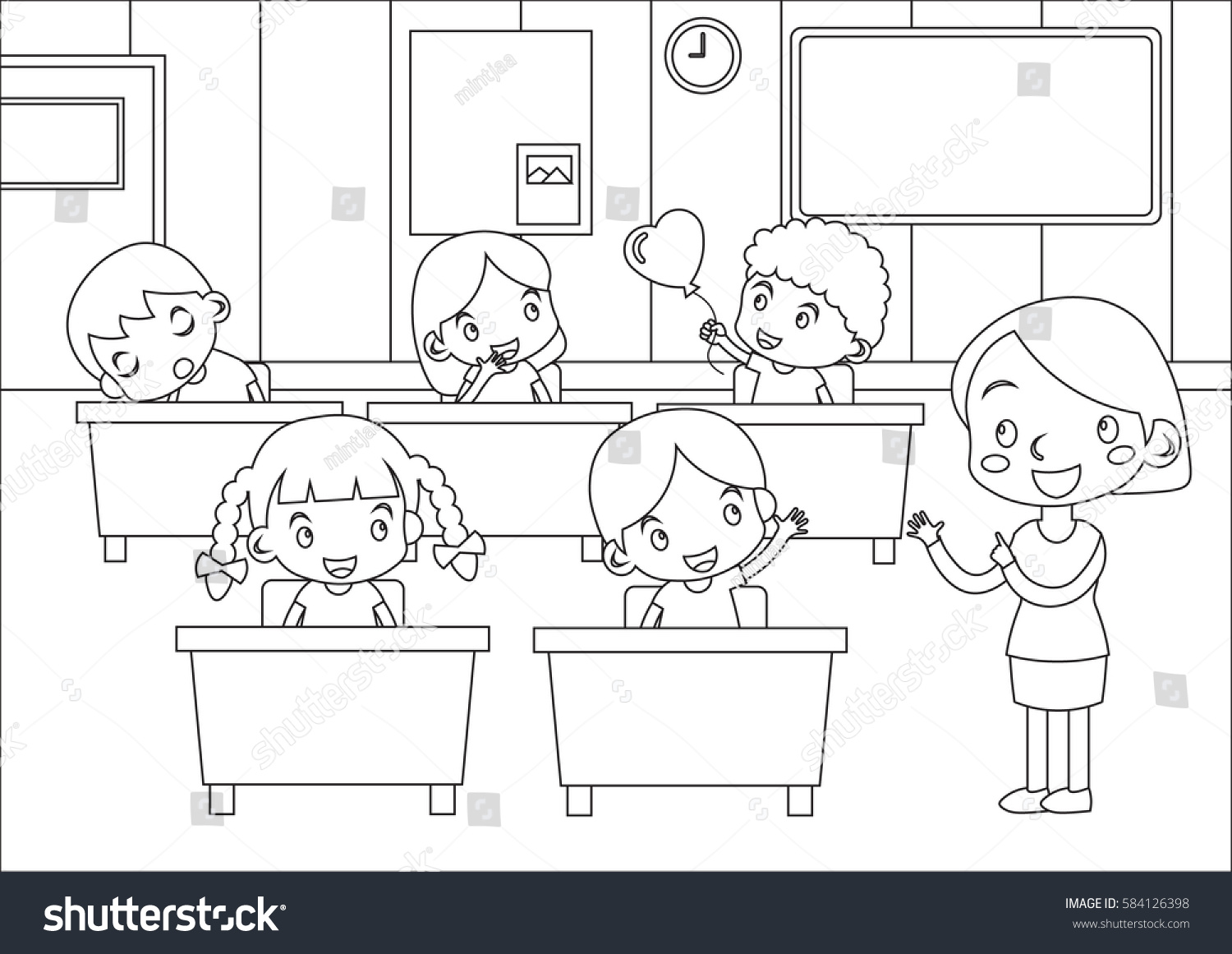 Coloring page funny kids students teacher stock vector royalty free