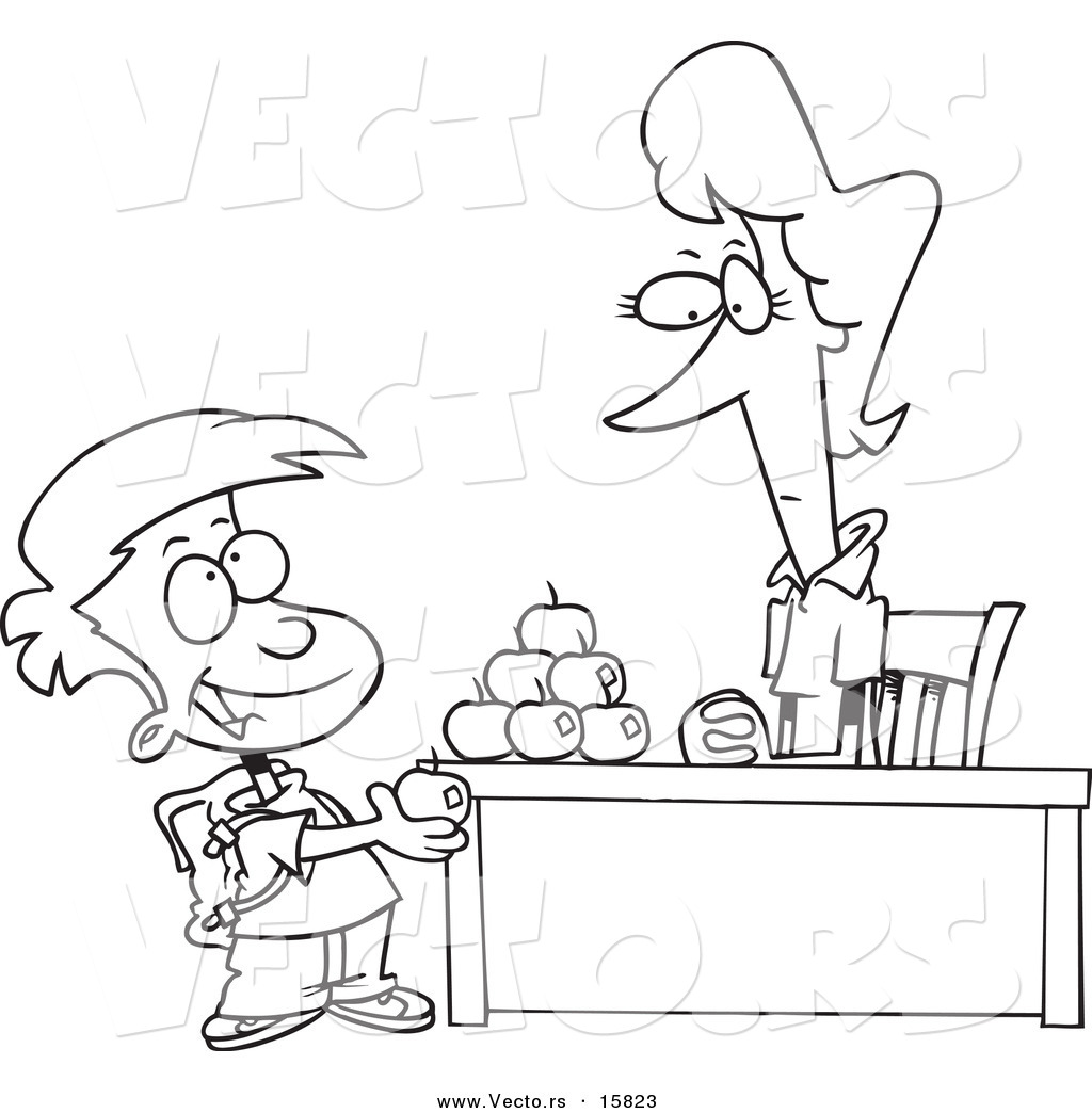 R of a cartoon school boy adding to the pyramid of apples on his teachers desk