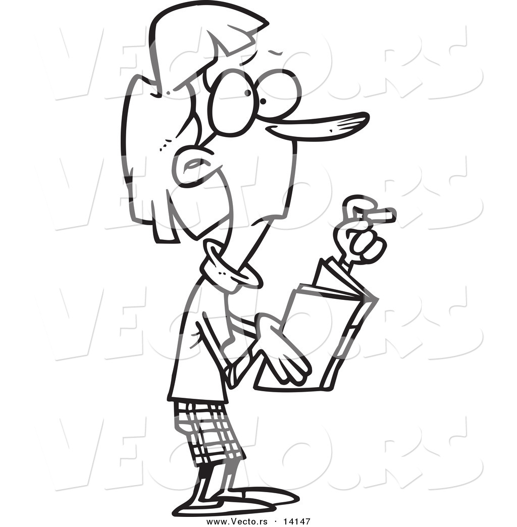 R of a cartoon skinny female teacher holding a book and chalk