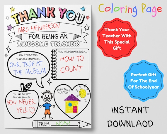 Teacher appreciation gift coloring pages digital instant download page appreciation week printable thank you card end of schoolyear kids