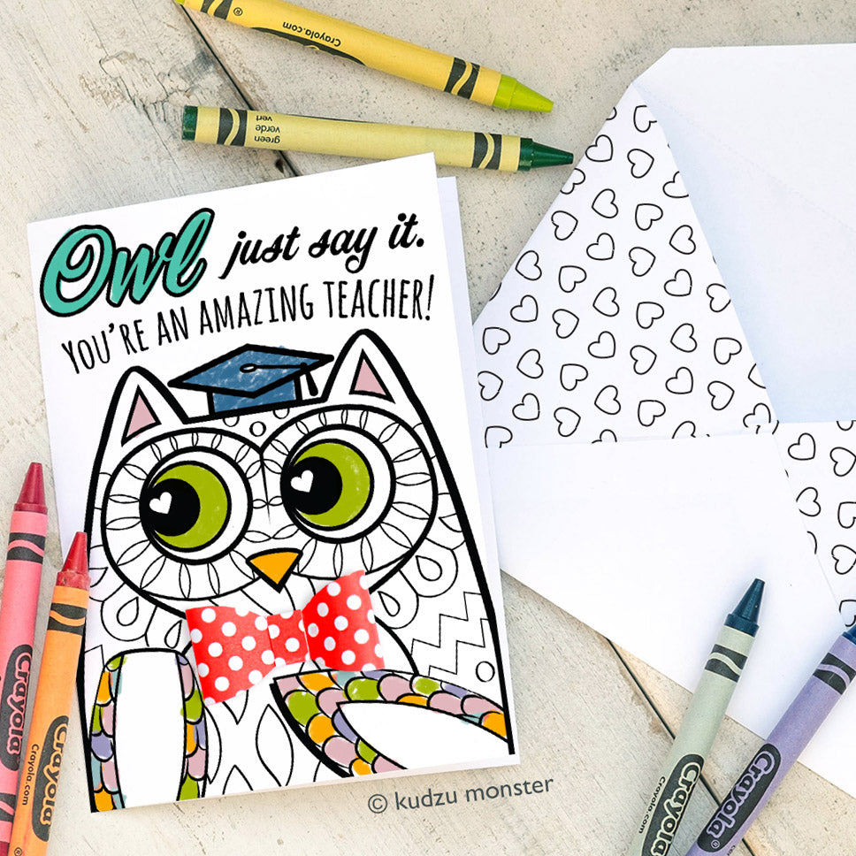 Coloring activity teacher appreciation card owl â kudzu monster