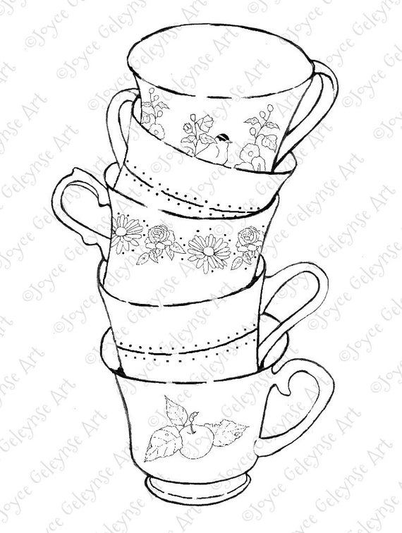 Digital stamp coloring page stack of teacups with flowers sketch coloring page tea cup drawing coloring pages tea cups