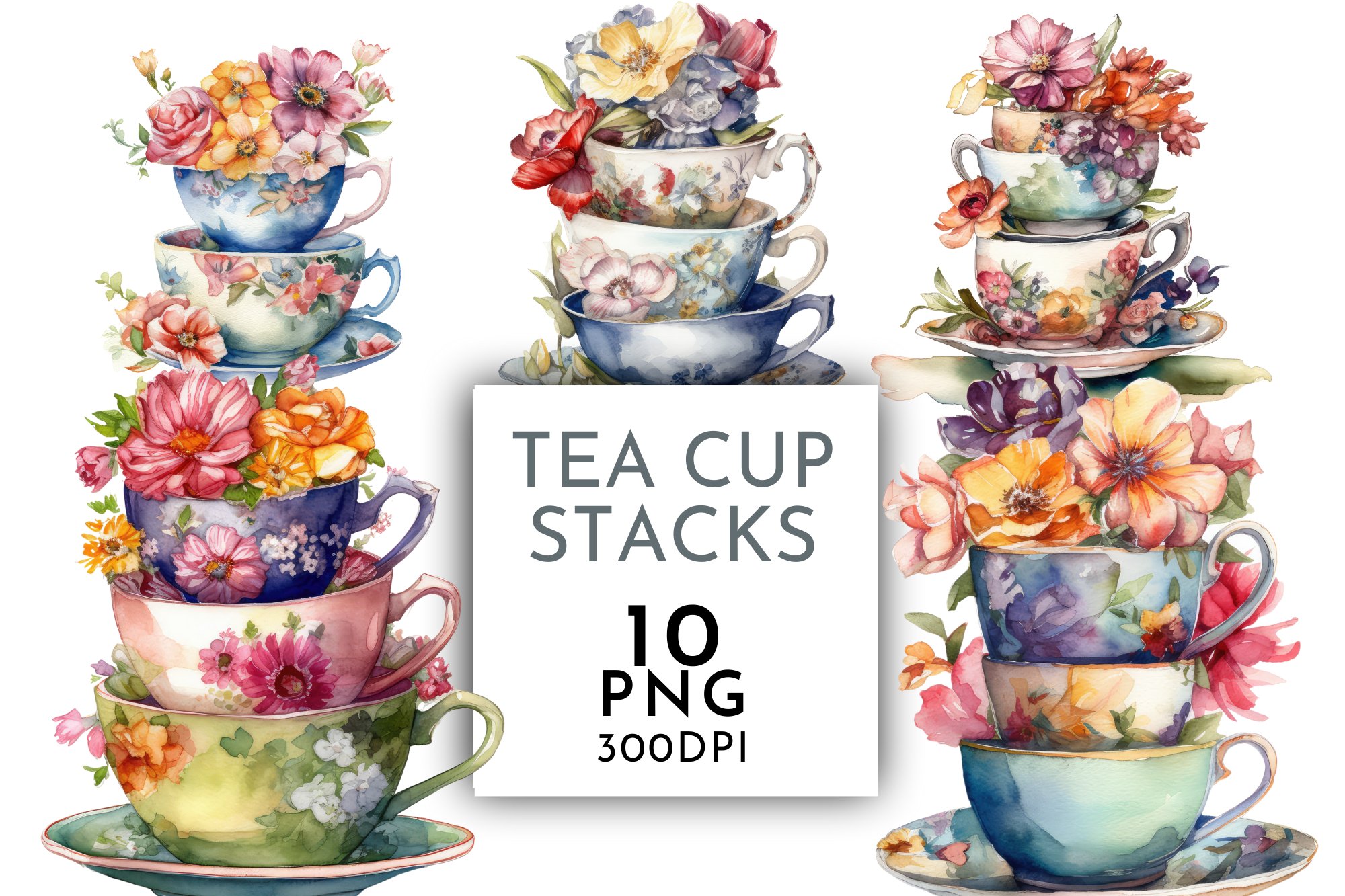 Flower tea cup stacks watercolour clipart png